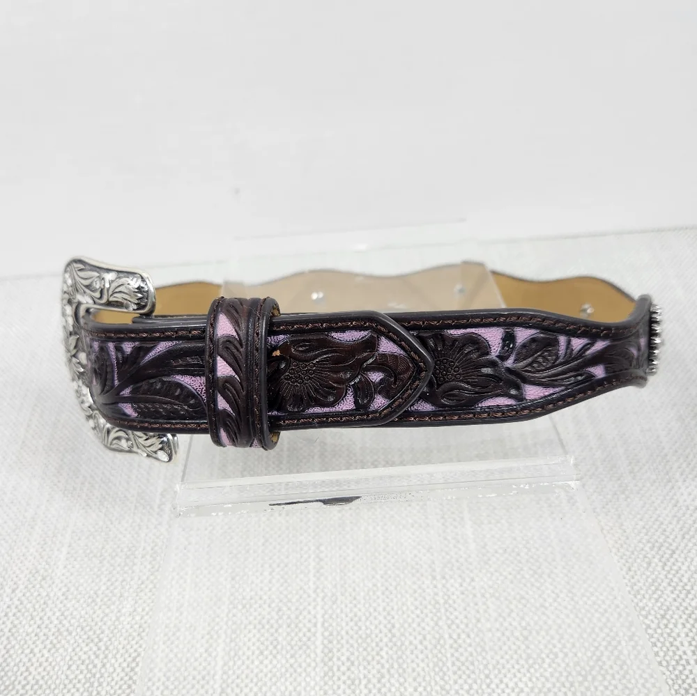 Ariat Size 22 Girls Scalloped Belt Tool Leather Manmade Brown Purple Embellished